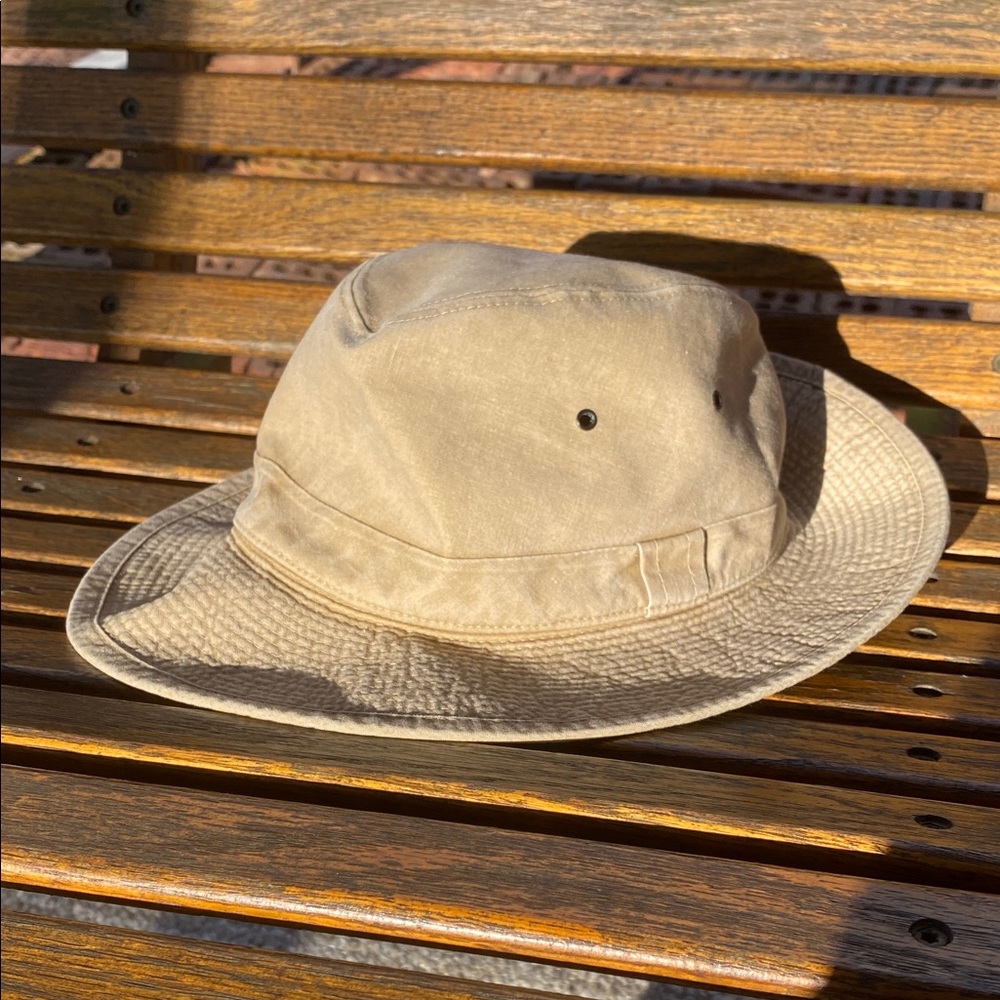 Crambes French Khaki Tan Bucket Hat foldable pocket cap vented crown 2.5” brim